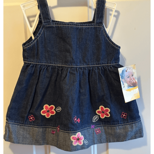 NWT 12 mo Vintage OSHKOSH Blue Jean Denim Jumper Dress with flower embroidery
