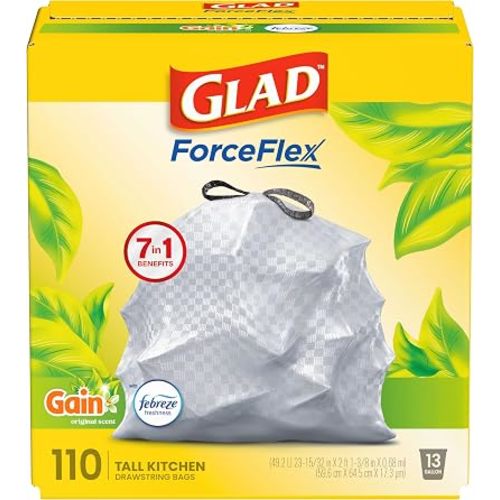 Glad ForceFlex Tall Kitchen Trash Bags, 13 Gallon, Gain Original, 110 Count (Package May Vary)