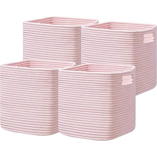 Dreamcountry 13x13 Cube Storage Bins, Storage Cubes with Handles, 4 Pack Cotton Rope Basket for Shelves, Cube Storage Organizer forToys, Book, Clothes, Home, Office, Nursery, Pink