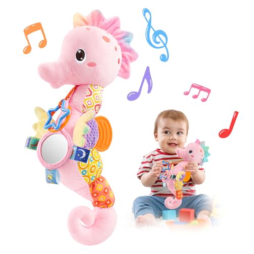 LIGHTDESIRE Baby Toys Musical Seahorse Stuffed Animals Infant Toys 0-6-12 Months with Mirror|Rattles|Crinkle|Baby Teething Toys,Sensory Toys for Tummy Time Newborn Boys Girls Birthday Gifts(Rose Pink)
