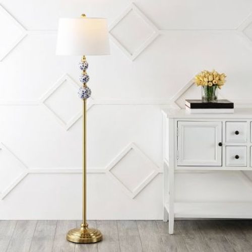 62.5" Tavira Classic Midcentury Iron LED Floor Lamp Brass Gold - JONATHAN Y: Hand Painted, Linen Shade