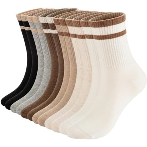 6 Pairs Ribbed Cuff Stripe Socks Soft Cotton Womens Socks for Women Multipack Machine Washable Socks