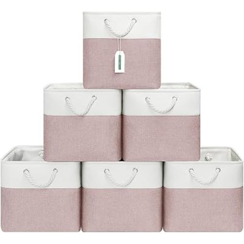 13x13 Inch Cube Storage Bins with Reinforced Bottom Cardboard, 6 Pack Large Foldable Fabric Storage Cubes with Handles for Shelf, Closet, Laundry Organization (White&Pink)