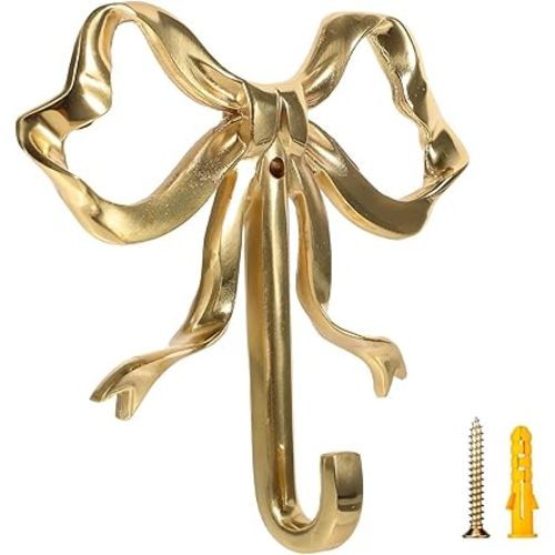 jarbins Bow Hook for Wall Decorative Bowknot Hook Gold Coat Hooks Wall Peg Hooks Towel Hook Brass Bow Hooks for Home (3.62X3.54X0.79in,Gold)