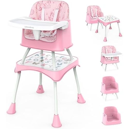 Lilian&Gema 6 in 1 Baby High Chair, Convertible Highchair for Babies and Toddlers, Table and Chair Set, with Safety Harness, Removable Tray