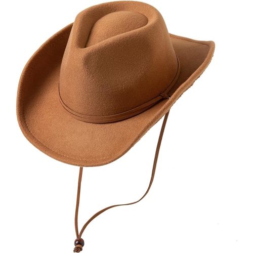 Jastore Kids Girls Boys Wide Brim Western Cowboy Cowgirl Hat with Wind Lanyard Felt Fedora Hat