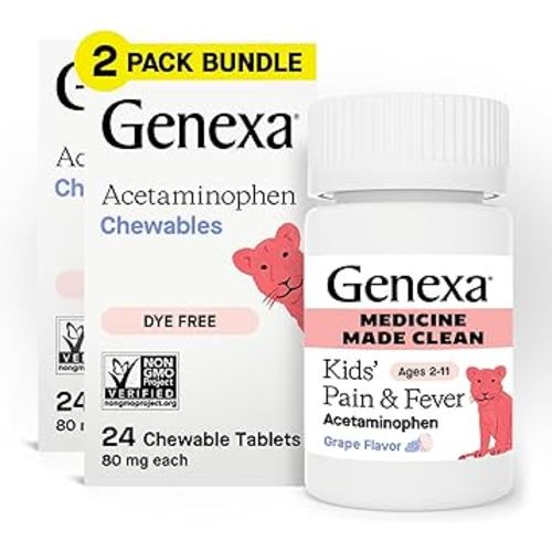 Genexa Children's Acetaminophen Chewables | Pain & Fever Reducer for Kids | Dye Free, 0% Artificial Additives | Effective Medicine for Children | Delicious Grape Flavor | 48 tablets Ages 2-11