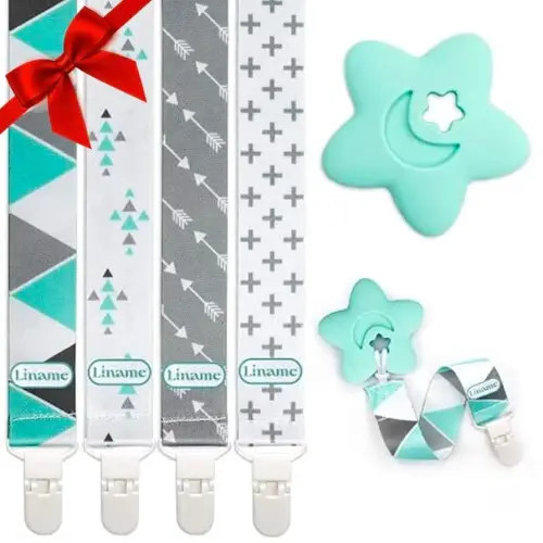 Liname Neutral Pacifier Clip with Teething Toy - 4 Pack Pacifier Clips for Boys & Girls - Binky Holder Soothie Paci Clip Binkie Clip - Unisex Pacifer Clip Baby Pacifier Clip and Pacifier Holder