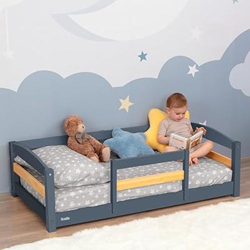 Ocodile Toddler Bed with Rails | Low Montessori Floor Bed Frame for Kids | Standard Crib Size Wooden Frame for Independent Toddlers 1-3 - Gray