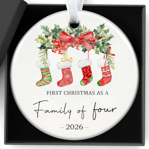 Christmas Ornaments Our First Christmas As A Family of Four Ornament | Personalized Family Xmas Ornaments Baby First Xmas Ornaments 2026 Girls Boys New Parents Gifts for Couples,Mom,Dad,Newborn