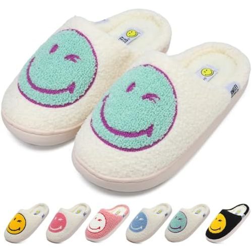 Smile Face Slippers for Womens Mens Soft Plush House Slippers Retro Happy Slip-On Slides Winter Warm Comfy Memory Foam Fluffy Indoor Outdoor Shoes