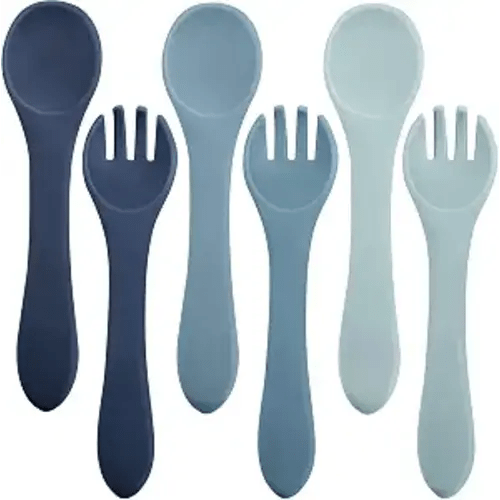 Nuenen 6 Pieces Silicone Baby Feeding Forks and Spoons Set Hot Safety First Stage Self Feeding Supplies Mini Kids Utensils for over 6 Months Babies Boy Girl Toddlers First Foods (Ocean Color)