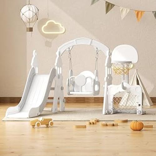 YUFU 5-in-1 Toddler Slide and Swing Set, Kids Slide with Climber, Swing, Basketball Hoop, Soccer Goal, Indoor Outdoor Playset for Toddlers Age 1-3 (Gray)