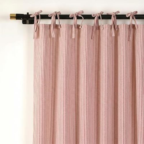 THE ART BOX Natural Gauze Tie Top Curtains, Pink Striped, 42x96, 2 Panels