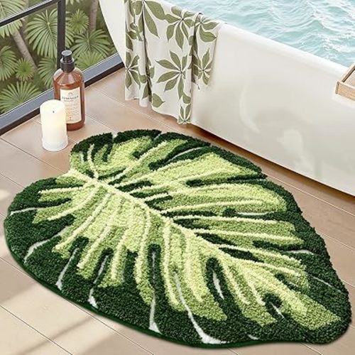 LUMI Cute Bathroom Rugs with Green Leaf Plant, Soft, Fluffy, Plush, Absorbent, Quick Dry, Non Slip, Machine Washable for Shower Floor, Bathroom, Bedroom,Kids Room, 23.5"x31.5", Monstera