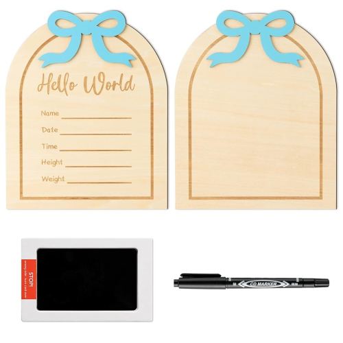 R HORSE Baby Birth Announcement Sign - 3D Coquette Blue Bow Wooden Baby Birth Sign with Marker Pen and Ink Pad for Hand and Footprints, Newborn Name Announcement for Boys Nursery Decor Keepsake Gift
