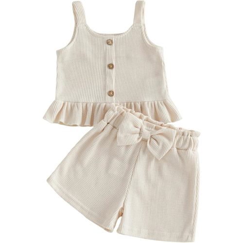 allshope Toddler Baby Girl Summer Outfits Solid Color Waffle Sleeveless Ruffle Tank Tops Shorts Set Cute Infant Clothes