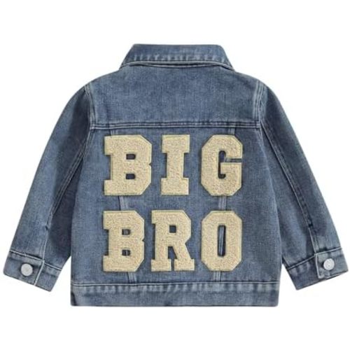 VISGOGO Toddler Baby Girl Jacket Big Lil Sister/Brother Letter Embroidery Jean Long Sleeve Cardigan Button Denim Coat