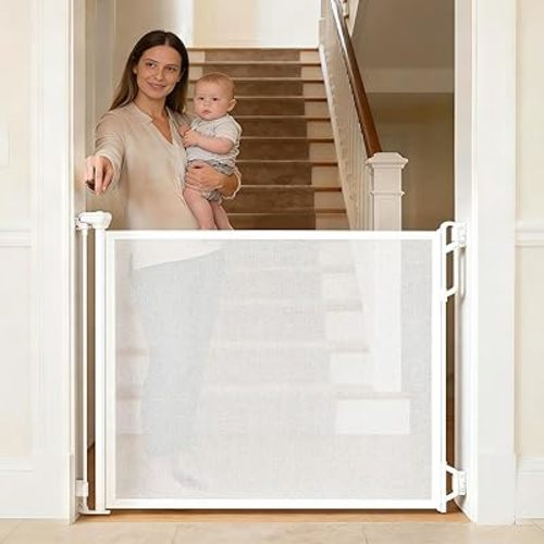 Retractable Safety Baby Gate or Mesh Dog Gate,Durable Portable Mesh Retractable Gate,Easy to Use for Stairs, Doorways, Hallways, Indoor, Outdoor, 33.5" Tall, Up to 45" Wide, White