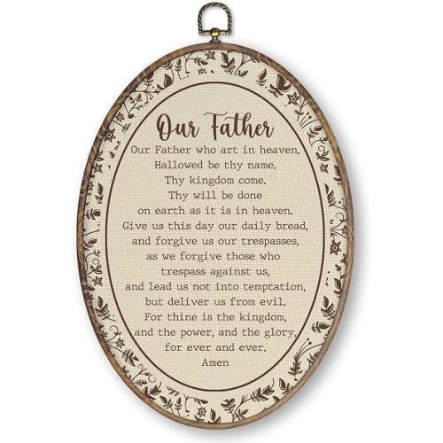 Qskjre Our Father Prayer Christian Wall Art Decor, Vintage Bible Verse The Lords Prayer Oval Wood Framed Canvas Wall Artwork, Religious Scripture Hanging Prints for Church Office Decorations, 8.6x11.4