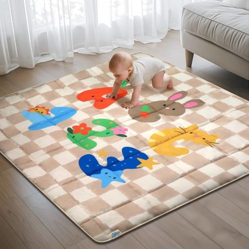 Baby Play Mat, Foldable Play Mats for Floor, 50x50 Inches Crawling Mat for Playpen with Anti-Slip Bottom, Machine Washable, Thicken Padding Foam Playmats for Babies and Toddlers (Sand Checks)