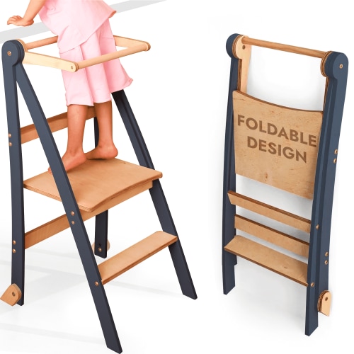 Folding Wooden Kitchen Standing Stool for Toddlers – Safe & Compact Learning Step Stool, Ages 18 Months+