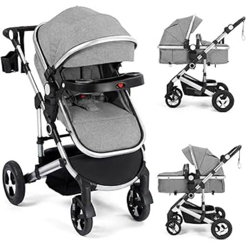 Kinder King 3 in 1 Reversible Baby Stroller w/Detachable Tray, Convert to Newborn Pram, Folding Infant Carriage for Toddler, Adjustable Canopy & Handle, Aluminum Alloy, Suspension Wheels