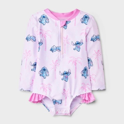Disney Baby Girls' Lilo & Stitch Palm Tree 1pc Rash Guard Swimsuit - Light Pink 6M