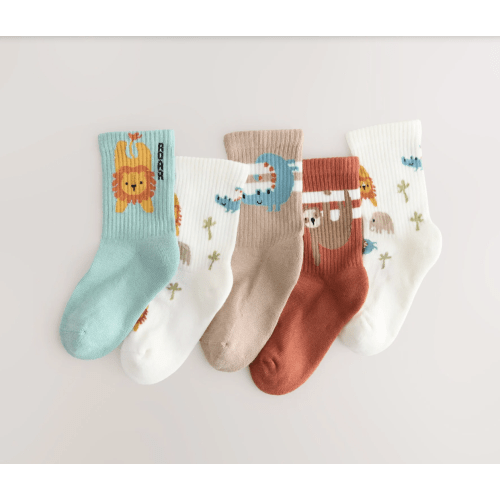 Teal/Brown Safari Animals Character Cotton Rich Socks 5 Pack