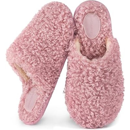 Snug Leaves Women's Scuff Slippers Furry Cute Curly Faux Wool Slip-on Indoor Memory Foam House Shoes