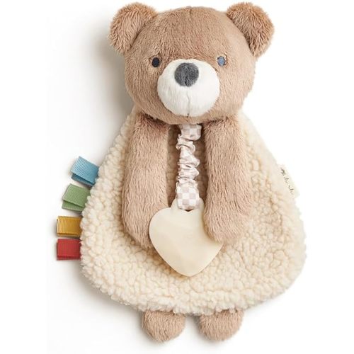 Itzy Ritzy - Itzy Lovey Including Teether - Baby Lovey with Teether, Textured Ribbons & Dangle Arms - Features Crinkle Sound, Sherpa Fabric and Minky Plush (Bear)