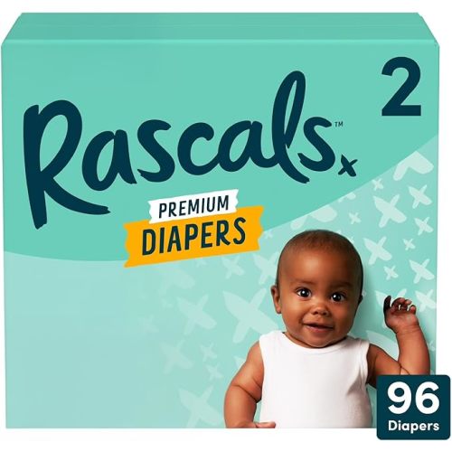 Rascals Premium Absorbent Baby Diapers with Deep Pocket and Triple Leak Guards for Blowout Protection (2-96ct)