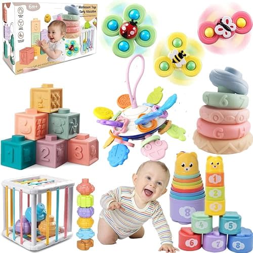 ELLECK Baby Toys 6-12 Months, Montessori Toys for Toddlers 1-3 Year Old, Busy Cube Teether Infants Bath 6 in 1 Stacking Blocks Rings, Suction Cup Spinner, Shape Bin Sensory (0035)