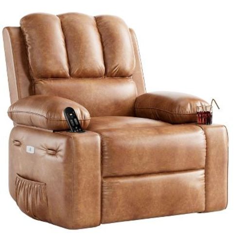 Recliner Chair with 360° Swivel & Rocking, Massage & Heat, PU Leather, USB, Cup Holders, Side Pocket, Beige/Brown Retro, for Living Room/Bedroom