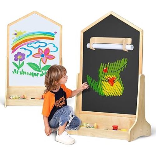 House Design Double-Sided Magnetic Drawing Board w/Detachable Roller and Bi-Storage Frame Holder for Kids, Extra Large Art Easel for Toddlers Boys and Girls Gift (Wall Mountable)