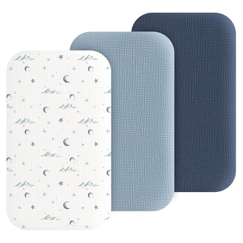 Muslin Bedside Sleeper Bassinet Fitted Sheets, 3 Pack Cotton Baby Sheet for Boys & Girls, Soft, Compatible with Baby Delight, Dream On Me, AMKE and Other Rectangle Mattress (Nightfall Blue)