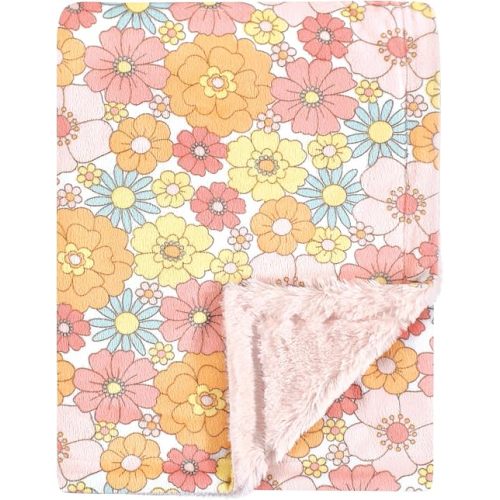 Hudson Baby Unisex Baby Plush Blanket with Furry Binding and Back, Peace Love Flowers, One Size