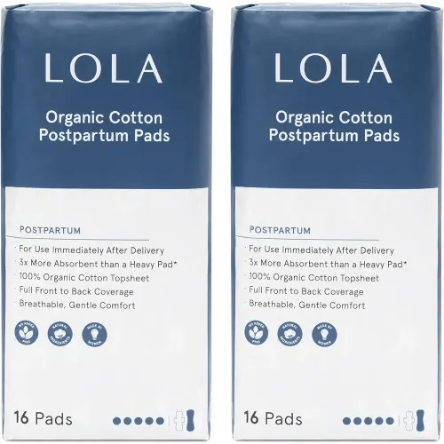 LOLA Organic Cotton Postpartum Pads - Max Absorbency for Postpartum Bleeding - Extra-Long Overnight Pads for Women - Pregnancy Hospital Bag Essentials - 32 Count