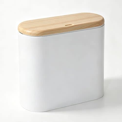 Small Bathroom Trash Can with Lid, 10L/2.6 Gal Slim Wastebasket - Odor & Pet Proof, Inner Bucket & Wood Grain Top, Plastic White Garbage Can for Kitchen, Bedroom, Living Room, Office, RV