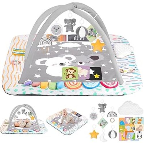Baby Play Mat Activity Gym with Tummy Time Pillow, 6 Developmental Zones Tummy Time Mat, 6 Detachable Sensory Toys and Educational Cards, Essential Baby Shower Set, Grey Koala