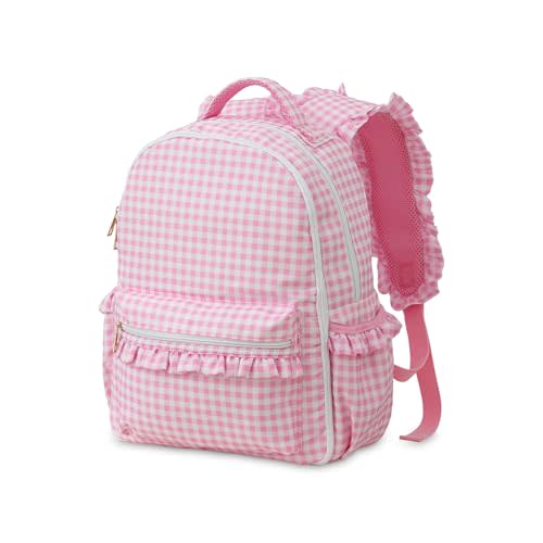 DYSHAYEN Kids Backpack for Girls, 15" Ruffled Backpack for School Kindergarten Bookbag 5-8, Fully Opened Compartment (Pink Gingham)