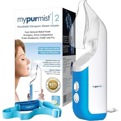 Mypurmist® Essential Kit Plus Handsfree Strap - Steam Inhaler, Personal Handheld Instant Steam - Sinus Congestion Cold Cough Relief Vocal Care Skincare (Plug-in)
