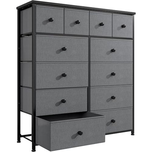 Tall Dresser for Bedroom with 12 Drawers, Fabric Dressers & Chest of Drawers with Sturdy Metal Frame, Wood Top, Storage Cabinet For Hallway, Living Room, Bedside,40.6"W x 11.8"D x 44.5"H (Light Grey)