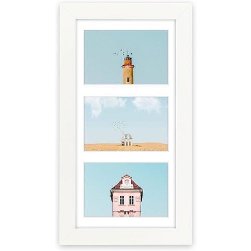 Golden State Art, 7x14 White Photo Wood Collage Frame with Mat Displays (3) 4"x6" Pictures (Wood - White with White Mat)