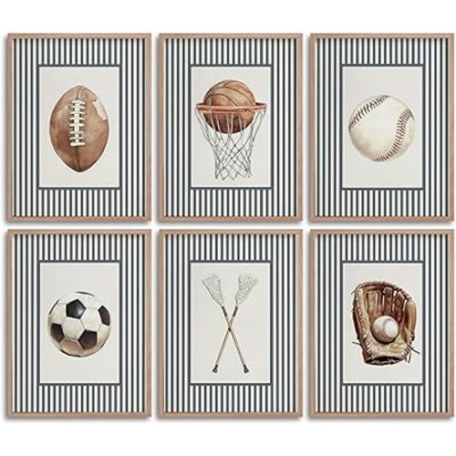 BVVEYKXX 6Pcs Vintage Sport Themed Framed Wall Art Retro Ball Sport Boy's Room Wall Decor, Children's Room Baseball Football Soccer Basketball Canvas Prints Picture for Kids Room Nursery Decor 8x10in