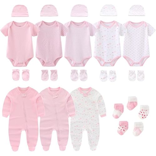 Ruliby Vêtements pour nouveau-né en coton Body pour bébé doux, barboteuse et accessoires Ensemble de layette 0-12 mois, lot de 23 pièces