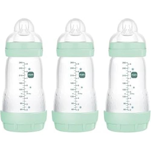 MAM 9oz Easy Start Anti-Colic Baby Bottles, Medium Flow, Breastfeeding-Like Silicone Nipple Bottle, Reduces Colic, Gas, & Reflux, Easy-to-Clean, BPA-Free, Colors May Vary