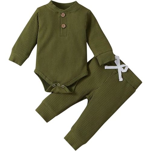 Newborn Baby Boy Girl Clothes Ribbed Knitted Cotton Long Sleeve Romper Long Pants Solid Color Fall Winter Outfits