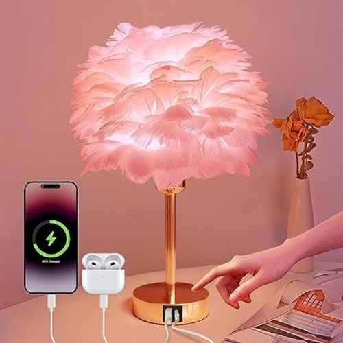 Smart Touch Control Bedside Table Feather Lamp Night Light with USB Charging for Girl, Baby, Alexa Voice Compatible, 9W 800LM Dimmable RGB Color Changing Lamp for Bedroom Nursery Desk Decor