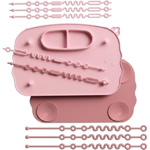 2-Pack Silicone Placemats with 8 Toy Straps, Non-Slip Suction Cups, for Restaurants, Travel & On-The-Go